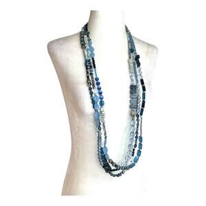 Chico’s Long Triple Strand Beaded Blue and Silver Tones Necklace